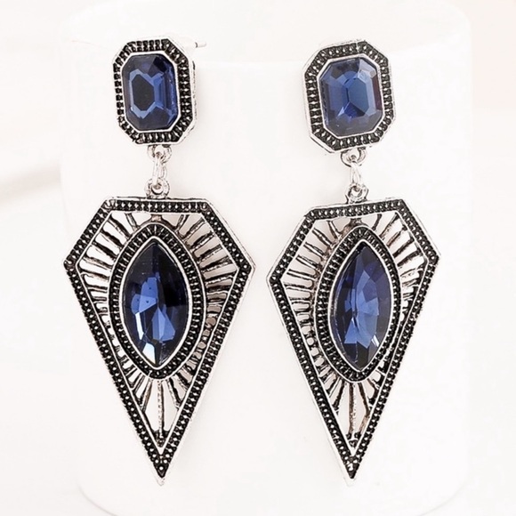 Vintage Silver Blue Gem Dangle Stud Earrings - Picture 6 of 8